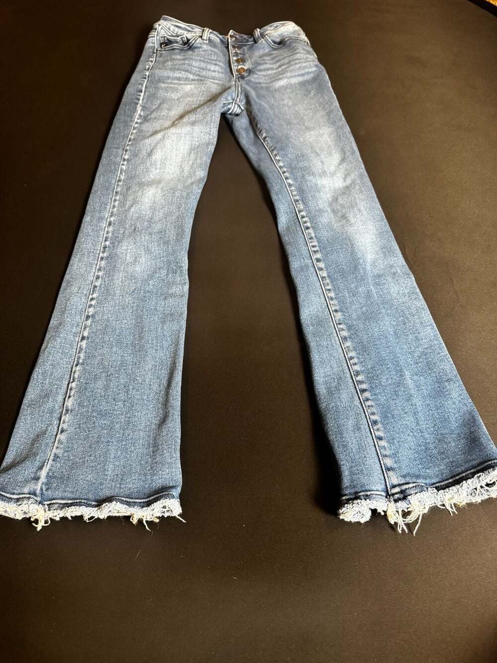 KanCan High Rise Button Fly Flare Jeans Frayed Hem Light Wash Size 7/27